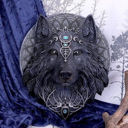 Nemesis Now Wolf Moon Wall Plaque. A hand painted black wolf with forehead jewels and silver detailing