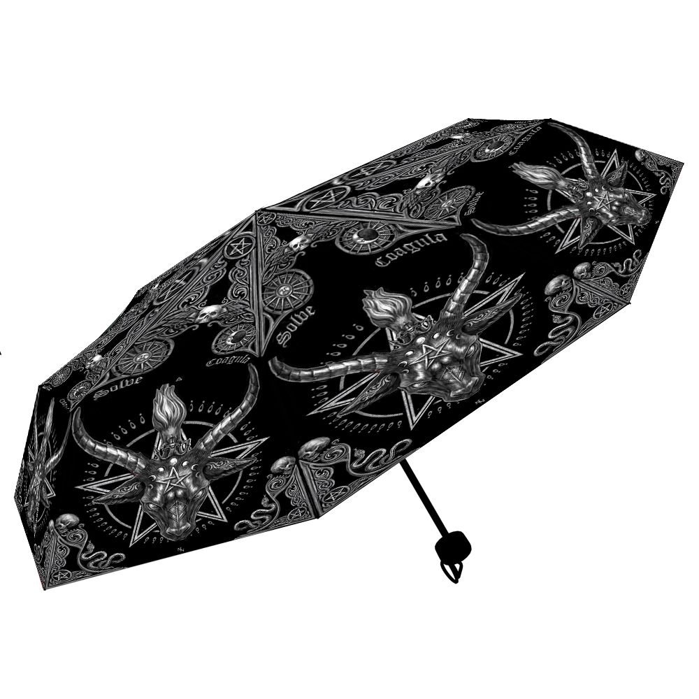 Baphomet Umbrella features a repeating image of a goats head and gothic style patterning making a wonderful edition to your rainwear or as a gift for a goth or satanic styled friend.  