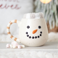 Snowman Mug and Sock Set. A cute and charming snowman shaped round mug with a pair of fluffy striped socks