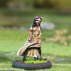 Cacciatore 1 by Oakbound Stuido. A lead pewter miniature of a female with her hair down, wearing a mask and cat ears along with a long dress and boots for your tabletop and RPGs. 