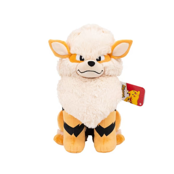 A plush toy of the Pokémon character Flareon, featuring fluffy cream-white fur, orange ears and legs with black markings, and a red hangtag on a plain white background. 12" Arcanine Pokémon Plushie