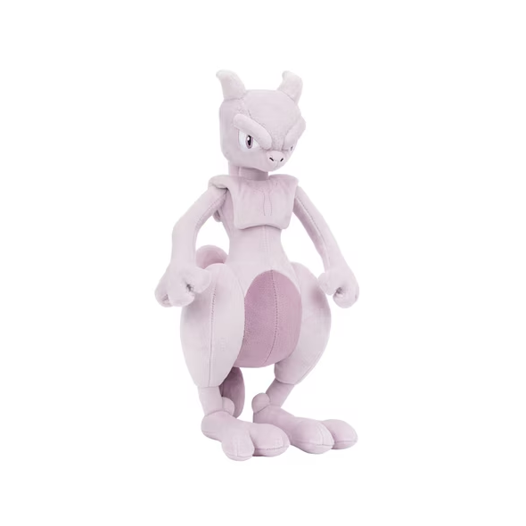 A light pink plush toy of Mew, a Pokémon character, standing against a solid white background. 12" Mewtwo Pokémon Plushie