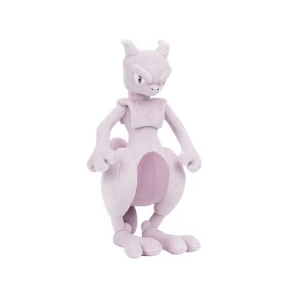 A light pink plush toy of Mew, a Pokémon character, standing against a solid white background. 12" Mewtwo Pokémon Plushie