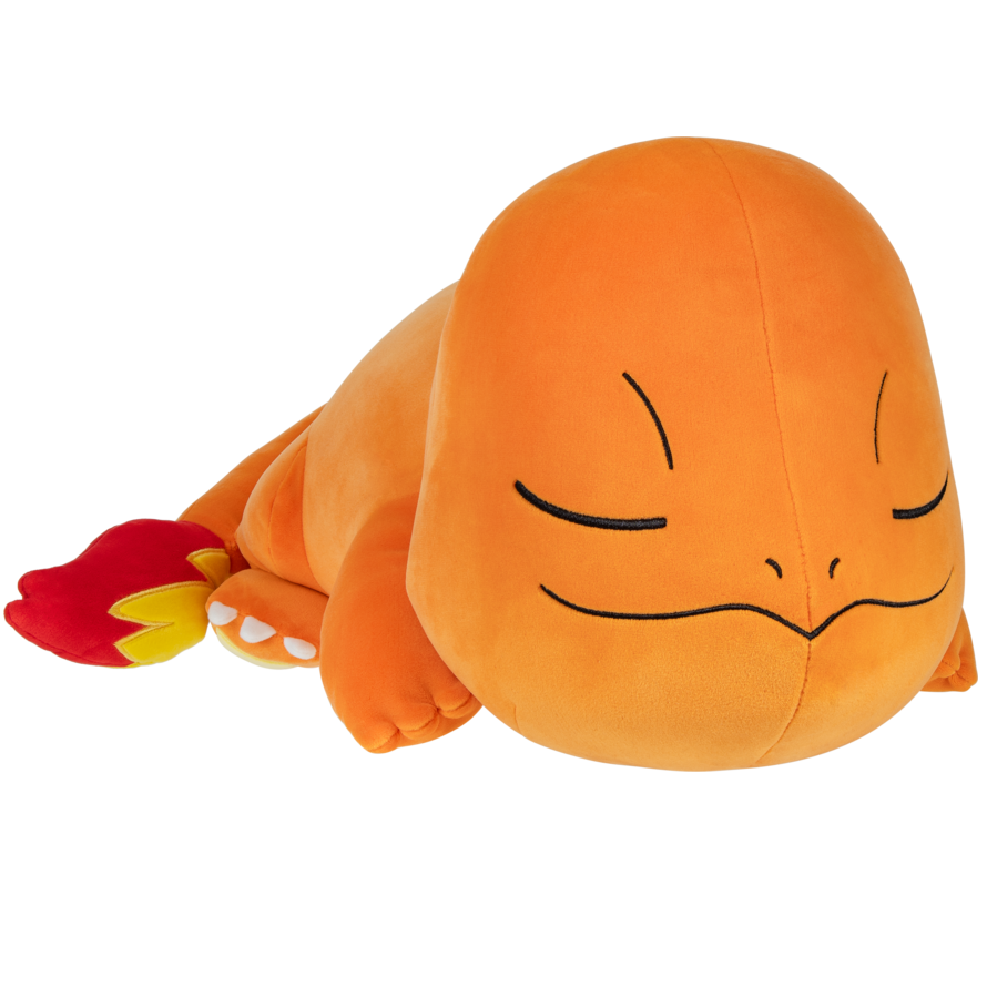 18" Sleeping Charmander Pokémon Plush features a soft and snuggly design of the fire-type Pokémon, ideal for cuddles, made from durable polyester for fans and collectors.