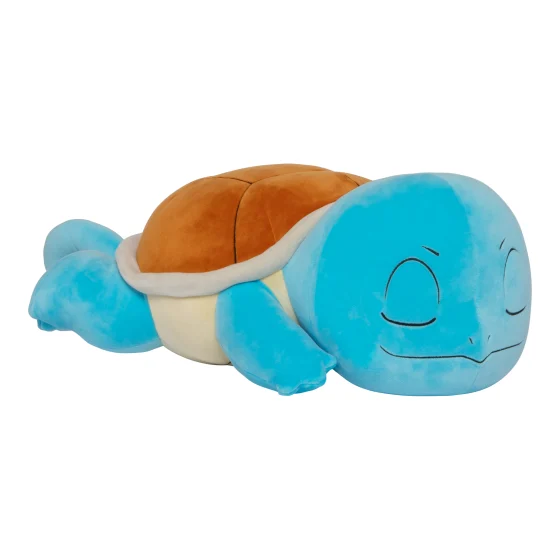 A Squirtle plush toy lying down, featuring a bright blue body, a brown shell, and a cream-colored underbelly, set against a plain white background. 18" Sleeping Squirtle - Pokémon Plushie