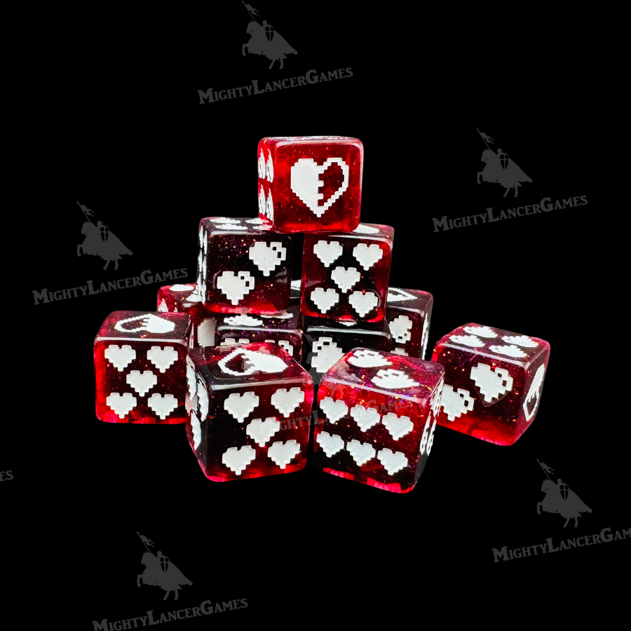 A set of 12 semi-transparent red glitter 1UP Dice with retro 8-bit white heart pips, ideal for trading card games, board games, or as a nostalgic gift.