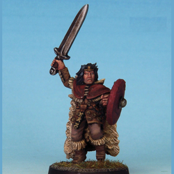 Wulf by Crooked Dice, one 28mm scale white metal miniature for your RPG or tabletop game representing a male warrior wearing leather style armour and holding a&nbsp; sword in one hand above his head and a round shield in the other with fur boots and cape.