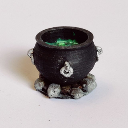 A plain Cauldron by Iron Gate Scenery in 28mm scale produced in PLA representing a metal cauldron / cooking pot on top of a fire helping you to add additional detail and decoration to your tabletop gaming, RPGs, Halloween and hobby dioramas.