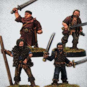 Robin Hood 2 by Crooked Dice.&nbsp; A set of four 28mm metal miniatures of characters from Sherwood Forest, little John, Tuck, Will Scarlet and Moor members of Robin Hoods band of merry men, outlaws that fight for the poor holding swords.&nbsp;