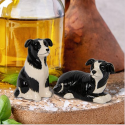 Collie Dog Salt & Pepper Set. A glazed novelty cruet set in a black and white collie dog design with one sitting and one laying down making a woofderful gift for a dog lover, collie owner or novelty salt and pepper shaker collector.