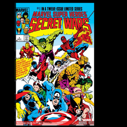 Marvel Super Heroes Secret Wars #1 from Marvel Comics.  A 12 issue limited series. The Beyonder has assembled all of the players on Battleworld now it's time to fight! Spider-Man and the various members of the Avengers, Fantastic Four and the X-Men have barely gotten settled in their new surroundings when an army of villains attacks  