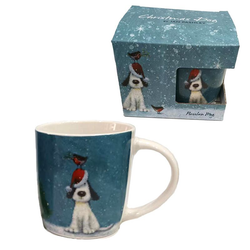 Christmas Dog & Robin Mug. A porcelain mug with a cute dog and robin design by Jan Pashley