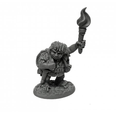 20342 Gus Greenweevil Halfling Henchman by Bobby Jackson from the Reaper Miniatures Bones Black range. A limited edition (in Bones Black) RPG miniature representing a male halfling holding a lit torch above his head for your tabletop games