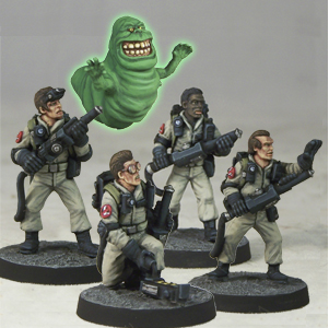 Paranormal Exterminators 1 by Crooked Dice.  A set of four metal male figures representing suited and booted spirit busters and a slimy looking ghost. 