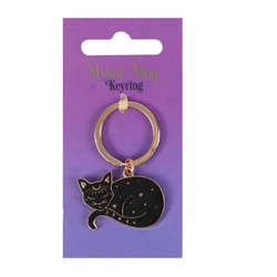 Mystic Mog sleeping cat keyring, a black cat curled up with gold moon and stars detail and gold keyring for you to add this lovely alloy keyring to your bag or keys. A great gift for a mystical friend or for yourself.