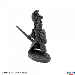 30156 Sir Michael The Gold a heraldic knight from the Reaper bones USA legends range sculpted by Werner Klocke. Holding a sword in one hand and a decorated shield in the other with one foot forward in a fighting stance, Sir Michael also sports a griffin helmet and plate male armour and robes making him great for your tabletop gaming and hobby needs.  