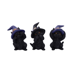 Three Wise Familiar Cats from Nemesis Now. A set of three black cats wearing witches hats and in the typical See No Evil, Hear No Evil, Speak No Evil poses making a wonderful edition to your collection or for a feline loving friend.