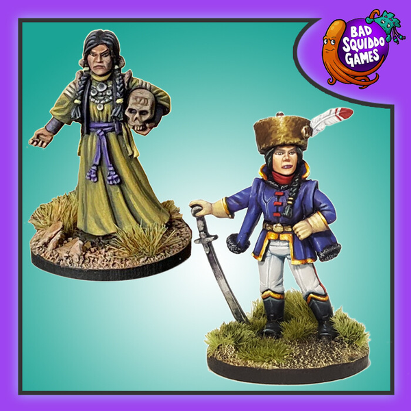 Bad Squiddo Games The Outcasts. A pack of two metal miniatures one being a female mystic holding a skull and the other a female miniature holding a sword, wearing a uniform and Cossack style hat