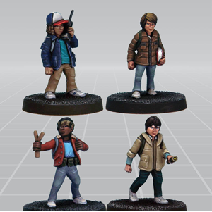 Monster Hunters by Crooked Dice a set of four white metal 28mm miniatures for your tabletop games representing modern dressed children with backpacks great for investigating threats from another dimension after all stranger things have happened