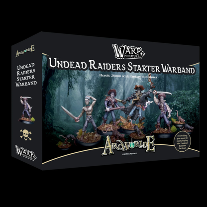 Undead Raiders Starter Warband for ArcWorlde second edition. Gangs of undead raiders pray on travellers brandishing swords and an axe. This starter warband contains heroic 28mm/32mm scale fantasy miniatures cast in white metal