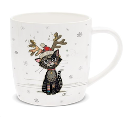 Festive Kitten Mug illustrated by Bug Art. A gift boxed white fine china mug featuring a cute festive kitten wearing a Christmas hat and antlers