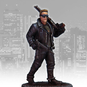 Cybernetic Organism by Crooked Dice a white metal 28mm scale miniatures for your tabletop games representing a leather clad, sunglass wearing warrior with a gun over his shoulder and one in his hand