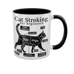 Cat Stroking For Beginners Black Inner Mug.  A white mug with black inner featuring a tongue in cheek guide for stroking a cat making a great edition to your mug collection or as a gift for a friend.  