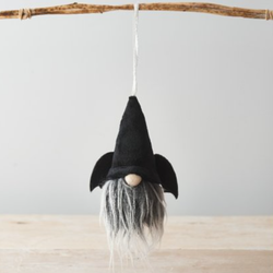 Hanging Bat Gonk! This 12cm fabric gnome has a black hat, bat wings, a cute nose and a shaggy beard