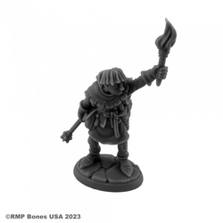 07110 Linkboy Henchmen sculpted by Bobby Jackson from the Reaper Miniatures Bones USA Dungeon Dwellers range. A wonderful edition to your RPG table this character is holding a torch with a peering stance as if ready to explore a dungeon they are not sure they want to actually explore