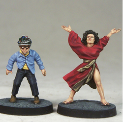 Harbingers by Crooked Dice.  A set of two metal figures representing poor possessed souls, one female in a dress with her arms in the air and the other male in trousers and shirt wearing a helmet and glasses.