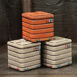 Cargo Crates D by Crooked Dice, a set of four resin miniatures representing sci-fi cargo crates for your RPGs, wargaming settings, spaceship terrain and tabletop games.