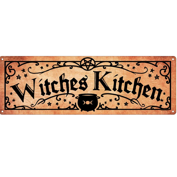 Witches Kitchen Slim Tin Sign. A beautiful lightweight metal sign with an old look and black design with the words Witches Kitchen adding a little magic to your kitchen.