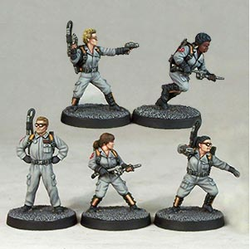 Paranormal Exterminators 3 by Crooked Dice.  A set of five metal figures representing suited and booted spirit busters looking for ghosts, making a great edition to your RPG and tabletop gaming needs. 