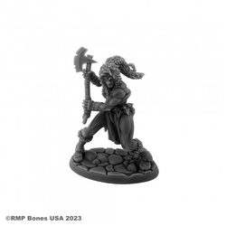 07117 Hyborian Heroine sculpted by Tom Mason from the Reaper Miniatures Bones USA Dungeon Dwellers range. A female barbarian character holding an axe with both hands, muscles rippling and hair tied in a ponytail making great edition to your RPG and tabletop games.