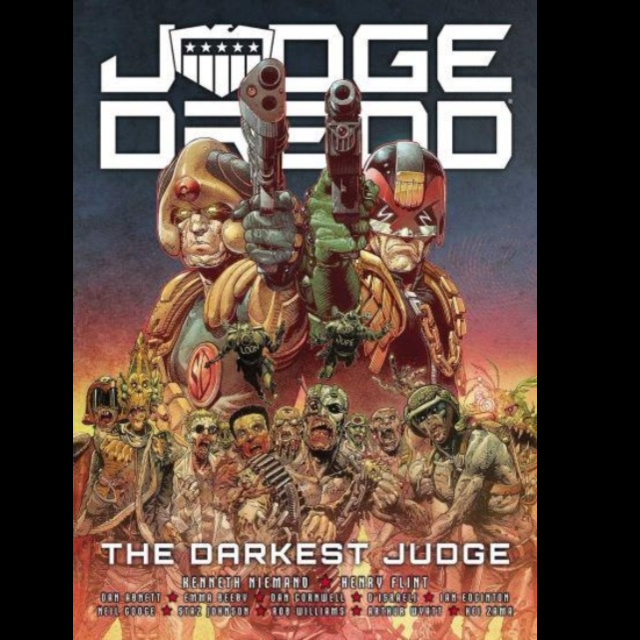 Judge Dredd: The Darkest Judge paperback graphic novel by Kenneth Niemand, Dan Abnett, Emma Beeby, Ian Edginton and Rob Williams.What if at the end of Judge Dredd: Judgement Day a different strategy was used in order to stop the zombie invasion? Instead of Judge Dredd executing Sabbat the Necromagus this plan involves dropping dimension-bombs to shift the whole zombie horde into a different reality