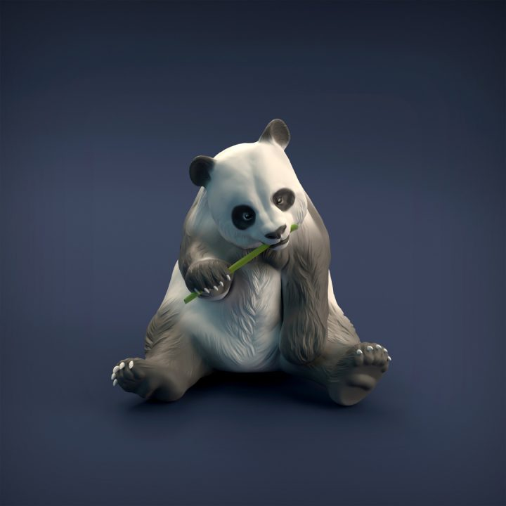 Giant Panda by Iron Gate Scenery a 28mm scale printed panda sat down chewing on a piece of bamboo for your tabletop gaming needs, RPG adventures and dioramas