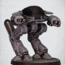 Military Robot by Crooked Dice.&nbsp; A resin miniature representing a robot with thick legs and armed with devastating chain gun sculpted by James Sherriff for your tabletop gaming and RPGs.