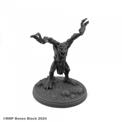 20315 Troll by J Wiebe from the Reaper Miniatures Bones Black range. A limited edition (in Bones Black) RPG miniature representing a troll wearing a loincloth and having his arms in the air for your tabletop games.
