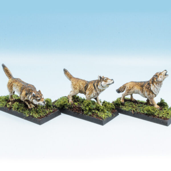 Wolves by Oakbound Studio. A pack of three lead pewter miniatures of wolves in various poses