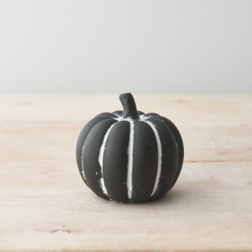 Black Cement Pumpkin 8.5cm. A wonderfully different black cement pumpkin with white line detail, a heavy ornament with a rustic style and imperfection design. 