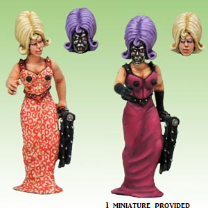 MadameDroid by Crooked Dice, one 28mm scale white metal miniature with two heard options for your RPG or tabletop game representing a female droid with machine gun boobies.