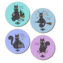 Spooky Cat Witchcraft Coasters. A set of four adorable coasters featuring Spooky Cat in a variety of poses including riding a broom and holding crystals. 