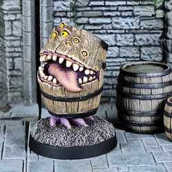 Barrel Mimic by Crooked Dice a resin 28mm miniature for your dungeon scenery, gaming table, dioramas, or as scatter. Sculpted by Iain Colwell, cast in resin and provided unpainted