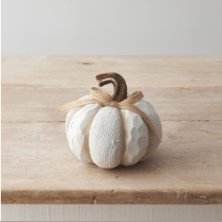 White Knit Look Pumpkin 11.5cm. A sophisticated cream white pumpkin ornament with a knitted effect, chiselled edges and beige ribbon bow detail. 