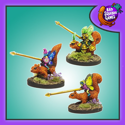 Bad Squiddo Games Fairy Cavalry Squirrel Riders.  A pack of three metal miniatures representing fairies holding spears and riding squirrels