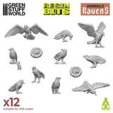 Ravens from the Resin Bits by Green Stuff World. A pack of 12 3D printed ABS-like resin birds for you to use on your miniatures bases, dioramas and other hobby projects.
