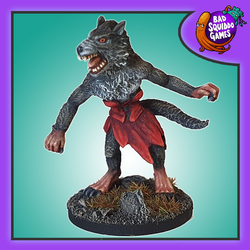 Bad Squiddo Games Elena The Werewolf. A metal miniatures representing a female werewolf in a red dress (maybe Little Red Riding Hood has an accident with the wrong wolf?) for your RPGs and hobby needs.