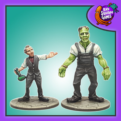 Bad Squiddo Games Frankenstein & The Bairn. A set of two metal miniatures representing Frankenstein and his creation by Bad Squiddo Games for your RPGs, dioramas and other hobby needs. 