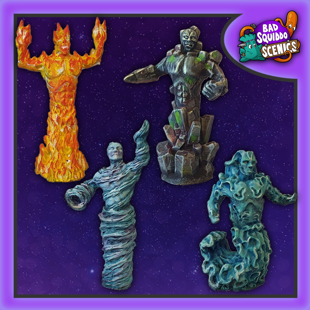 Bad Squiddo Games Elementals.  A pack of four resin miniatures representing the elements of wind, fire, earth and water with humanoid faces and arms making a great edition to your RPG 