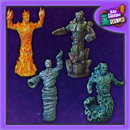 Bad Squiddo Games Elementals.  A pack of four resin miniatures representing the elements of wind, fire, earth and water with humanoid faces and arms making a great edition to your RPG 